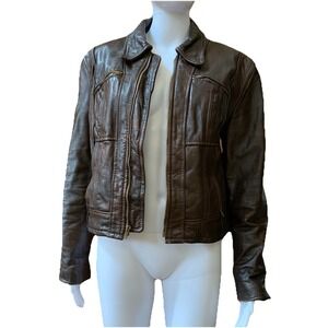 VTG 60s Lesco Brown Unisex's Leather Moto Pocket Jacket With Faux Fur Lining- 16